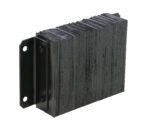 The Vestil Laminated Dock Bumper 12 x 18 x 4.5 inches is a black industrial buffer with a ridged surface, metal mounting bracket with two side holes, and a textured matte finish for durability.