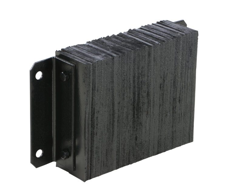 1218-4.5_A.jpg The Vestil Laminated Dock Bumper 12 x 18 x 4.5 inches is a black industrial buffer with a ridged surface, metal mounting bracket with two side holes, and a textured matte finish for durability.