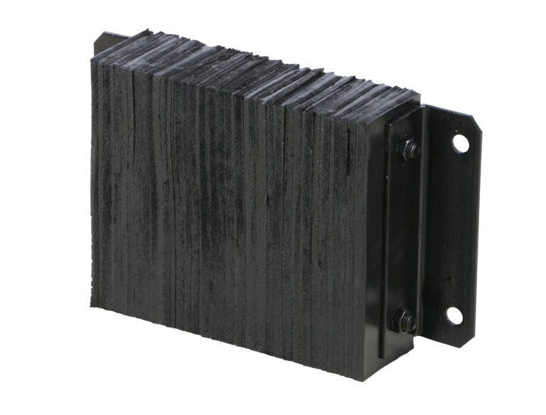 The Vestil Laminated Dock Bumper 12 X 18 X 4.5 In features a rectangular, ridged black rubber design on a matching metal bracket with two bolt holes, providing impact absorption and a seamless look.