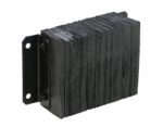 The Vestil Laminated Dock Bumper 12 x 18 x 6 inches is a black, rectangular rubber bumper with a ridged texture. It mounts vertically with a metal bracket featuring two bolt holes on the left side for secure attachment.