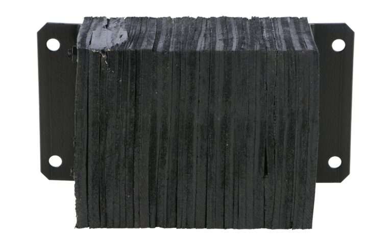 The Vestil Laminated Dock Bumper 12 X 18 X 6 In includes rugged, irregular-edged black rubber sheets stacked on a metal bracket with holes for easy mounting, providing durable and robust protection.