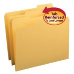The Smead File Folder, Reinforced 1/3-Cut Tab, Letter Size, Goldenrod (12234), is shown with three folders featuring staggered tabs. A red arrow emphasizes Tab Reinforced To Last Longer, highlighting durability and reliable organization. Available in a pack of 100 per Box.