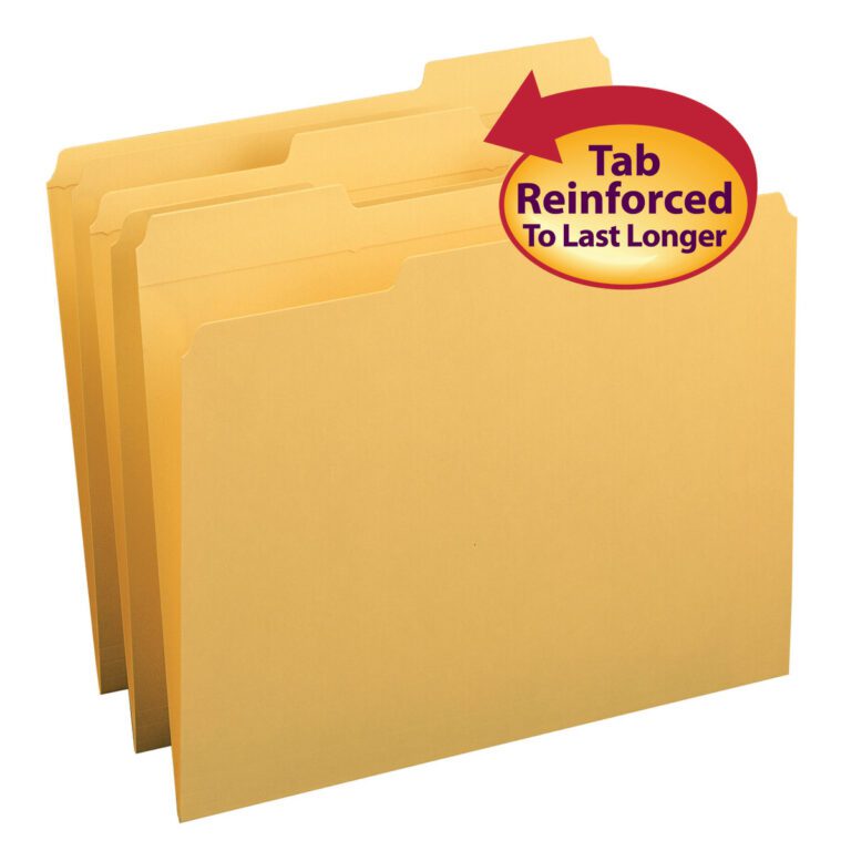 The Smead File Folder, Reinforced 1/3-Cut Tab, Letter Size, Goldenrod (12234), is shown with three folders featuring staggered tabs. A red arrow emphasizes Tab Reinforced To Last Longer, highlighting durability and reliable organization. Available in a pack of 100 per Box.
