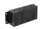 Vestil Laminated Dock Bumper, 12 x 24 x 4.5 inches, features black rubber with a metal bracket for impact absorption and structure protection. Its rectangular shape includes a textured surface.