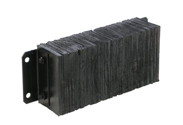 Vestil Laminated Dock Bumper, 12 x 24 x 4.5 inches, features black rubber with a metal bracket for impact absorption and structure protection. Its rectangular shape includes a textured surface.