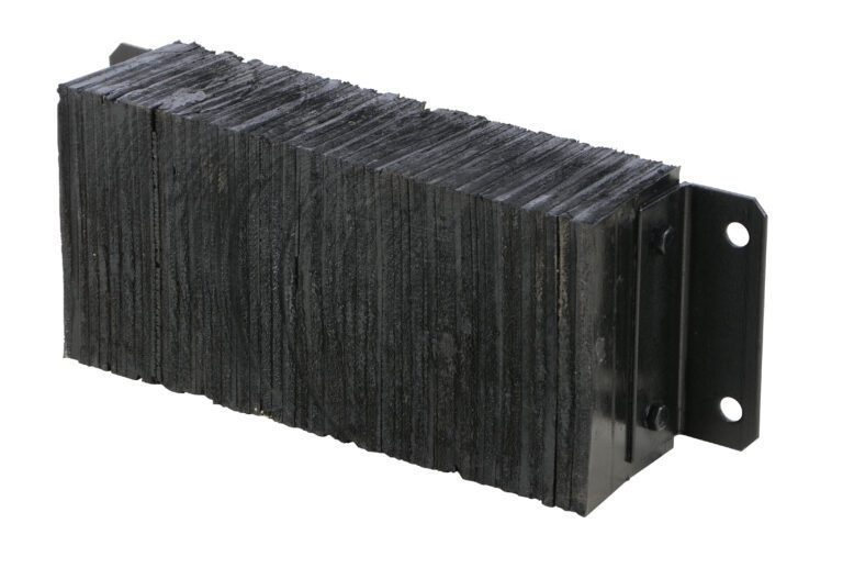 The Vestil Laminated Dock Bumper 12 x 24 x 4.5 in is a black rubber rectangle with a textured surface, a metal bracket on one end, and two mounting holes.