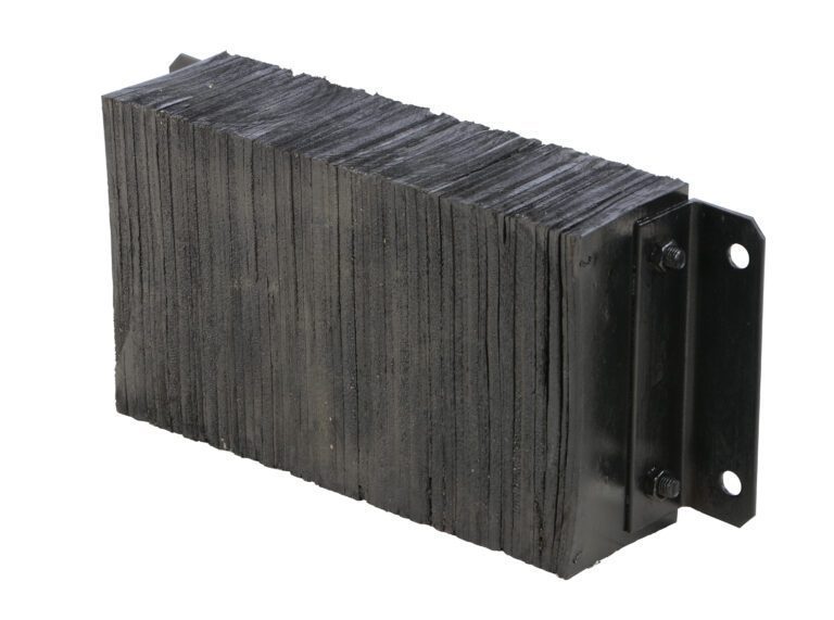 The Vestil Laminated Dock Bumper 12 X 24 X 6 In has an industrial design with stacked black rubber pads and metal brackets, ideal for heavy-duty use to absorb impact and reduce damage.