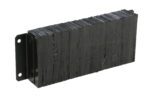 A stack of dark, textured rectangular plates with a left-side black metal bracket and mounting holes resembles the sturdy design of the Vestil Laminated Dock Bumper 12 X 30 X 4.5 In.