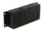 The Vestil Laminated Dock Bumper 12 X 30 X 6 In is a black, rectangular rubber bumper with a layered texture, mounted on a metal bracket. It has two holes in the bracket for secure mounting.