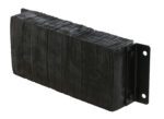 The Vestil Laminated Dock Bumper, measuring 12 x 30 x 6 inches, is black and rectangular with a metal mounting bracket featuring two attachment holes. Its layered, ribbed surface provides durability and flexibility for industrial applications.