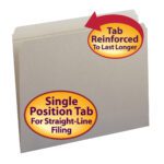 The image showcases a gray Smead File Folder (12310) with a Reinforced Straight-Cut Tab to Last Longer label and highlights its Single Position Tab for Straight-Line Filing, ideal for letter-sized documents.