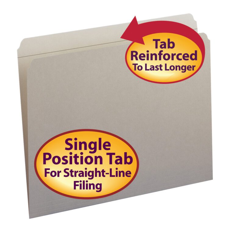The image showcases a gray Smead File Folder (12310) with a Reinforced Straight-Cut Tab to Last Longer label and highlights its Single Position Tab for Straight-Line Filing, ideal for letter-sized documents.