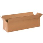 An open MH-USA 12 x 3 x 3 long corrugated box lies with flaps outstretched against a white background. Rectangular and seeming empty, these sturdy boxes are sold in bundles of 25 for efficient packaging needs.