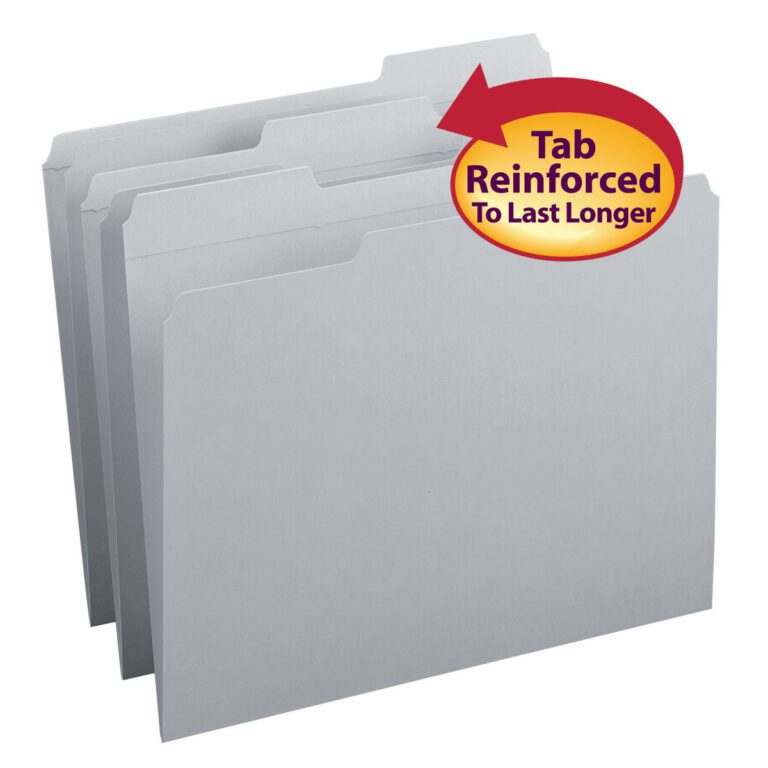 Three Smead File Folders, Letter Size with Reinforced 1/3-Cut Tabs in Gray, partially overlap. The top folder features a red and yellow label: Tab Reinforced To Last Longer.