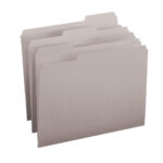 Four Smead letter-size file folders in gray with 1/3-cut tabs are staggered and overlapping on a white background. They offer space for labeling and belong to the 100 per Box set (12343).