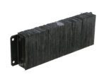 A dense black industrial brush strip with bristles on a metal bracket resembles the Vestil Laminated Dock Bumper 12 X 36 X 4.5 In, featuring two mounting holes and durable, evenly distributed bristles.