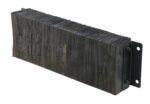 A large, dark wooden Vestil Laminated Dock Bumper, 12 x 36 x 6 inches, with a rough texture and visible grain lines, is mounted on a metal bracket featuring two holes for easy installation. Its positioned diagonally for unique appeal.