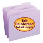Four lavender Smead file folders (letter size) are arranged in a stepped style, featuring a large yellow oval sticker saying Tab Reinforced To Last Longer. Ideal for organizing, they come conveniently packed with 100 per box (12434).
