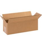 An open MH-USA 12 x 4 x 4 long corrugated box, with flaps extended outward against a plain white background, offers efficient storage and shipping solutions. Available in bundles of 25.