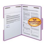A lavender Smead Fastener File Folder displays clipped documents, featuring text and charts. A circular sticker reads, Reinforced 1/3-Cut Tab To Last Longer. This letter-sized folder includes 2 fasteners for secure organization.