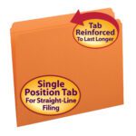 The Smead File Folder features a reinforced straight-cut tab for durability, includes text labels for easy identification, and offers a single position tab for efficient filing. It comes in letter size and is conveniently packed 100 per box (12510).
