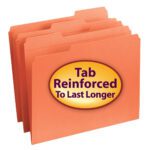 Four orange Smead file folders with Reinforced 1/3-Cut Tab are slightly fanned out, with the front one displaying a large oval label reading Tab Reinforced To Last Longer in bold purple and yellow text.