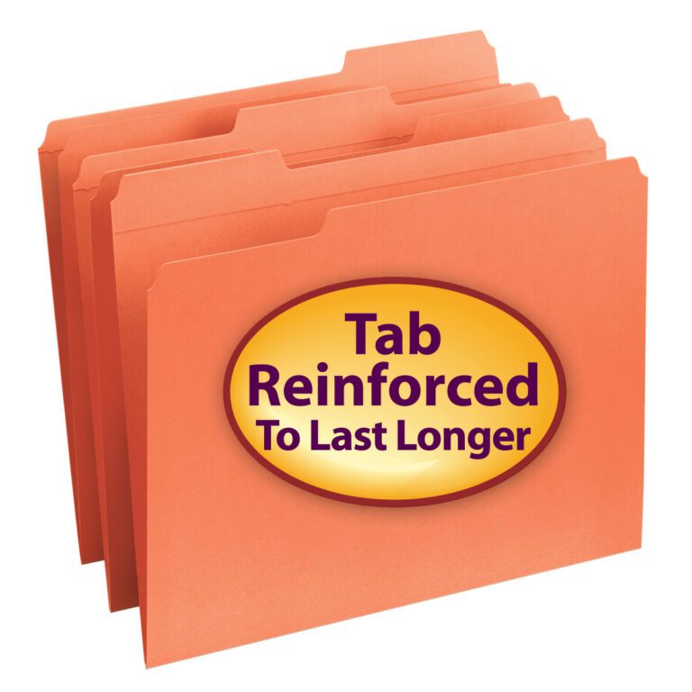 Four orange Smead file folders with Reinforced 1/3-Cut Tab are slightly fanned out, with the front one displaying a large oval label reading Tab Reinforced To Last Longer in bold purple and yellow text.