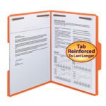 An orange Smead Fastener File Folder (12540) with 2 fasteners, reinforced 1/3-cut tab, and letter size is open, holding documents with text, charts, and a signature. A purple and yellow label reads Tab Reinforced to Last Longer.