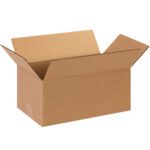 An open, empty MH-USA 12 x 5 x 5 long corrugated box with flaps spread outward against a plain white background; it appears sturdy and versatile for packing or shipping, sold in bundles of 25.