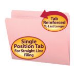 The image shows a pink Smead File Folder (letter size) with a reinforced straight-cut tab, featuring the phrases Single Position Tab For Straight-Line Filing and Tab Reinforced To Last Longer. Sold in boxes of 100. (Product ID: 12610).