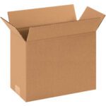 An open MH-USA 12 x 6 x 12 corrugated box from a 25/bundle set, with outward flaps, is displayed against a white background, revealing its interior and casting a slight shadow below.