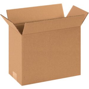 An open MH-USA 12 x 6 x 12 corrugated box from a 25/bundle set, with outward flaps, is displayed against a white background, revealing its interior and casting a slight shadow below.