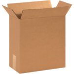An open, upright cardboard box with flaps extended outward showcases the brown corrugated material of MH-USAs durable 12 3/4 x 6 3/8 x 13 1/2 boxes (25/Bundle).
