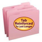 A set of three pink letter-sized Smead folders with staggered reinforced 1/3-cut tabs. The front folder has a yellow label stating Tab Reinforced To Last Longer in bold purple. Available in boxes of 100 (12634).