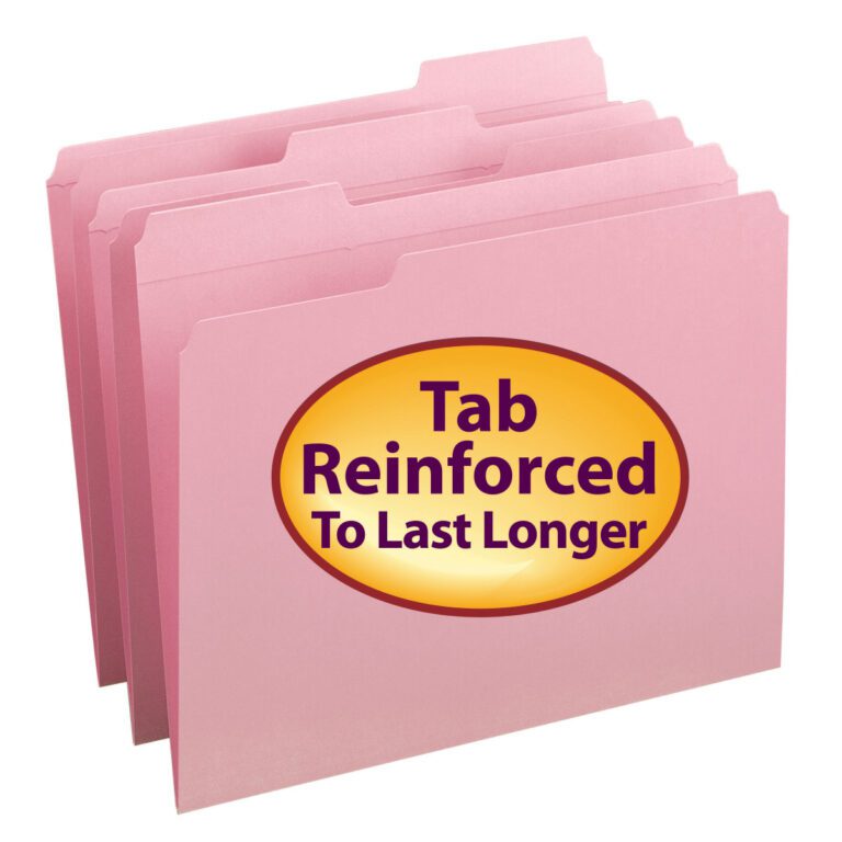A set of three pink letter-sized Smead folders with staggered reinforced 1/3-cut tabs. The front folder has a yellow label stating Tab Reinforced To Last Longer in bold purple. Available in boxes of 100 (12634).