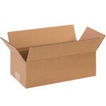 The MH-USA 12 x 6 x 4 long corrugated box, part of a 25/bundle set, stands open with flaps extended against a white background, showcasing its classic shipping container texture ideal for packing needs.