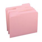 A set of Smead File Folders, 1/3-cut tab, letter size in soft pastel pink, arranged upright. Each folder features a top tab for labeling and offers an organized, minimalist look. Available in a box of 100 (model 12643).