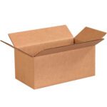 The image showcases an MH-USA 12 x 6 x 5 Long Corrugated Box from a 25/Bundle set, with its flaps folded outward against a white background.