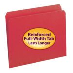A Smead file folder in a vibrant red, letter-sized with a reinforced straight-cut tab, comes with an oval yellow label stating Reinforced Full-Width Tab Lasts Longer, ideal for easy organization. (Product: 12710).