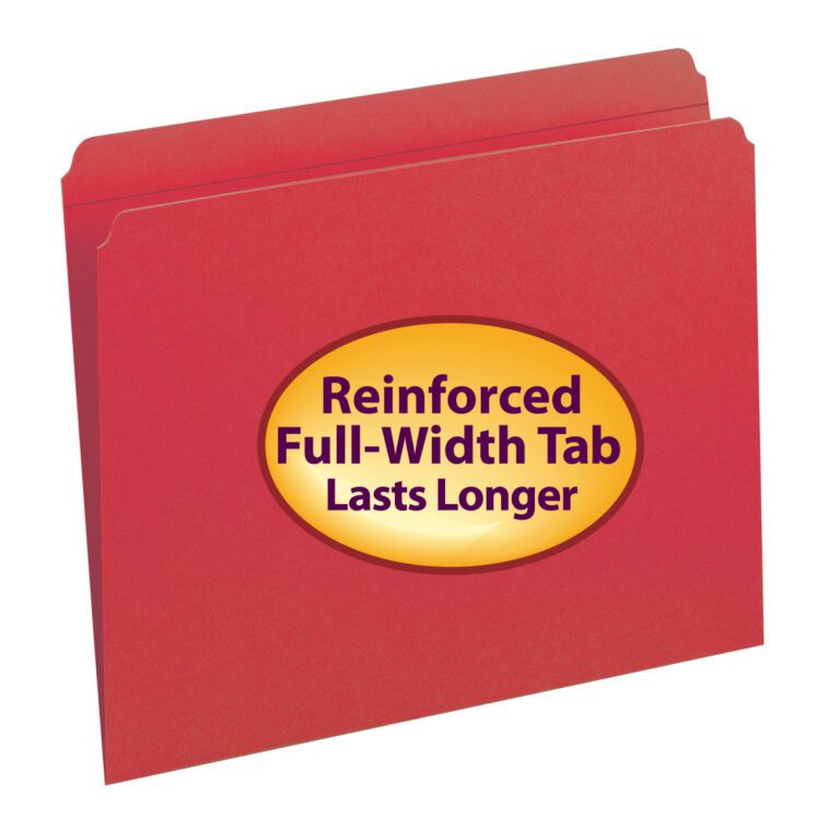 A Smead file folder in a vibrant red, letter-sized with a reinforced straight-cut tab, comes with an oval yellow label stating Reinforced Full-Width Tab Lasts Longer, ideal for easy organization. (Product: 12710).