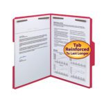 A Smead Fastener File Folder, letter size, in red with two pages inside featuring typed text and charts. It has a yellow sticker stating, Tab Reinforced To Last Longer. Organize your documents efficiently with this folder featuring 2 fasteners; available as 50 per box (12740).