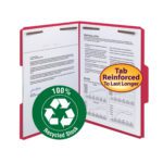The red Smead 100% Recycled Fastener File Folder displays printed documents, includes graphs, and has a green circle with a white recycling icon. It features a yellow oval text reading Reinforced 1/3-Cut Tab, Letter Size and two fasteners for secure organization.