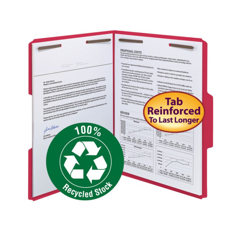 12741_C1.jpg The red Smead 100% Recycled Fastener File Folder displays printed documents, includes graphs, and has a green circle with a white recycling icon. It features a yellow oval text reading Reinforced 1/3-Cut Tab, Letter Size and two fasteners for secure organization.