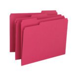 Four red Smead File Folders, 1/3-Cut Tab (12743), are staggered in a stack against a plain white background, ready for labeling; part of the Letter Size, 100 per Box set.
