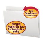 Image of a white Smead File Folder (12810) showcasing its reinforced straight-cut tab for lasting durability and efficient straight-line filing. Packaged in boxes of 100, the circular design highlights quality and efficiency.