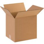 An MH-USA 12 x 8 x 12 corrugated box from a bundle of 25 is shown with open flaps and an empty interior, set against a plain white background.