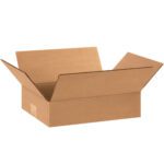 An open MH-USA 12 x 8 x 3 flat corrugated box from a 25/bundle set is depicted on a white background, flaps outstretched. It is empty, rectangular, and features the standard brown cardboard color.