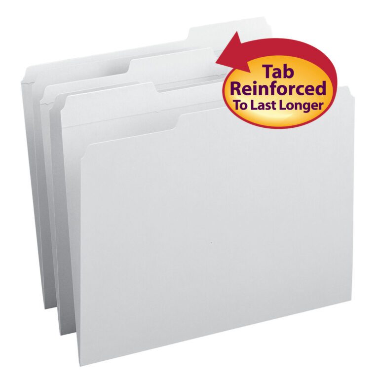 The Smead File Folder set (12834) includes 100 white letter-size folders with reinforced 1/3-cut tabs, designed for durability and long-lasting use.