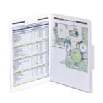 The Smead Fastener File Folder, featuring two metal fasteners and a reinforced 1/3-cut tab, reveals a construction cost estimate on the left and a landscape project plan on the right. This letter-sized white folder is ideal for organizing multiple documents.