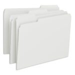 Three Smead File Folders (1/3-Cut Tab, Letter Size, White) are displayed in a staggered overlap. Each features a top tab for labeling and comes in packs of 100 per Box (12843). The minimalist background ensures no distractions.